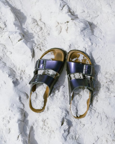 Two-Strap Leather Slides, Metallic Navy