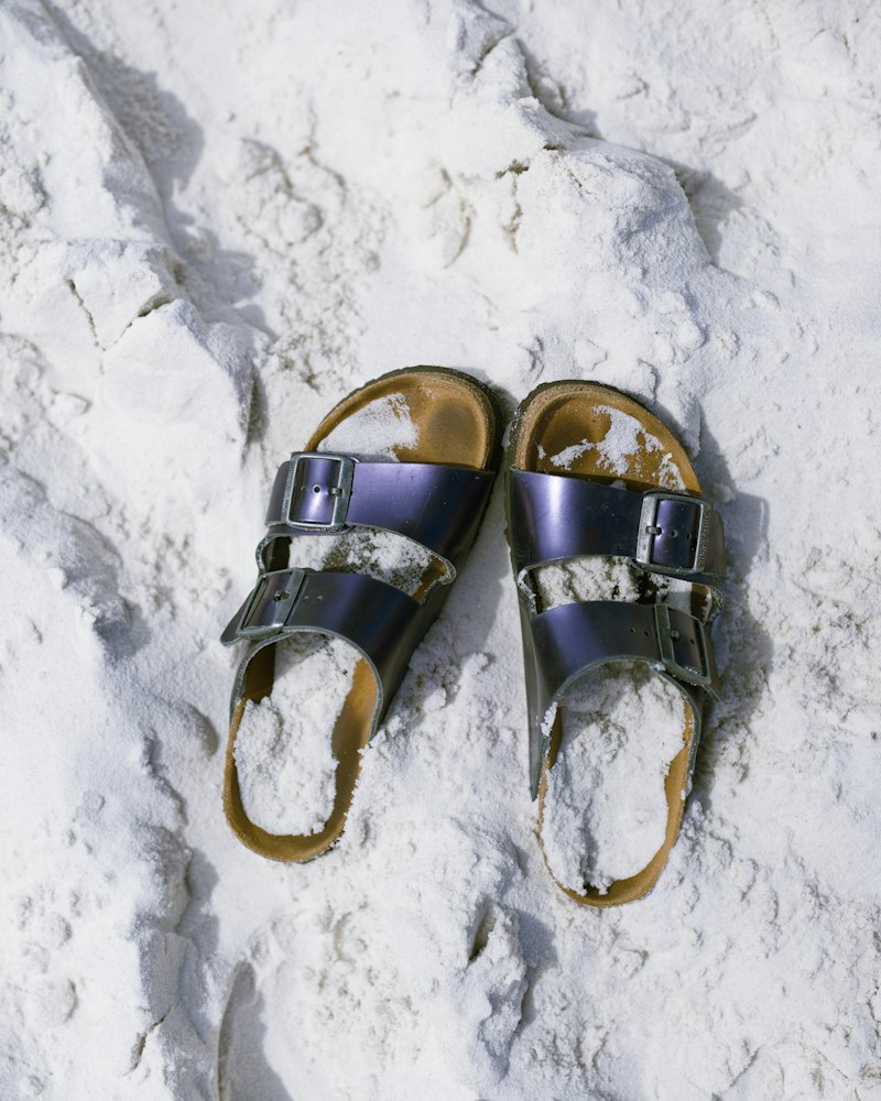 Two-Strap Leather Slides, Metallic Navy