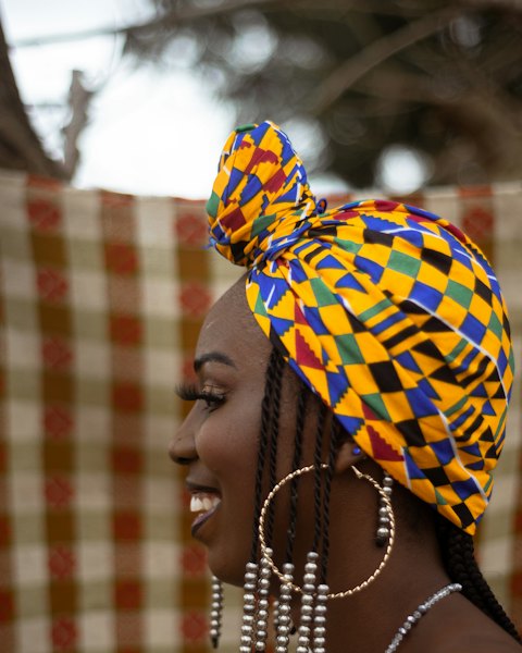 Kente Print Headwrap, Blue & Gold