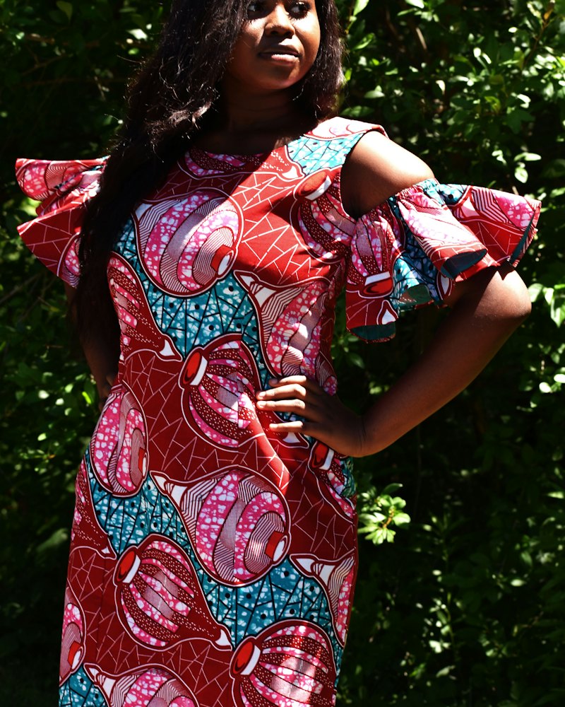 Cold-Shoulder Ankara Midi Dress, Red & Teal