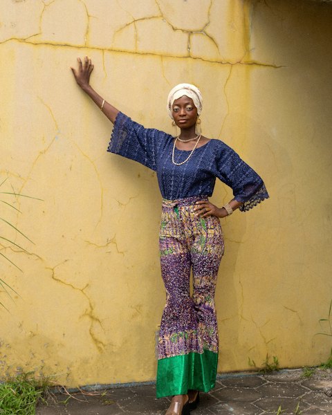 Wax Print Flared Trousers, Purple & Green