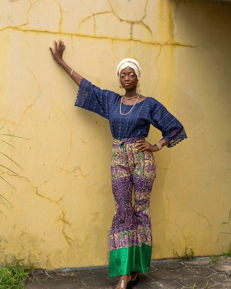 Wax Print Flared Trousers, Purple & Green
