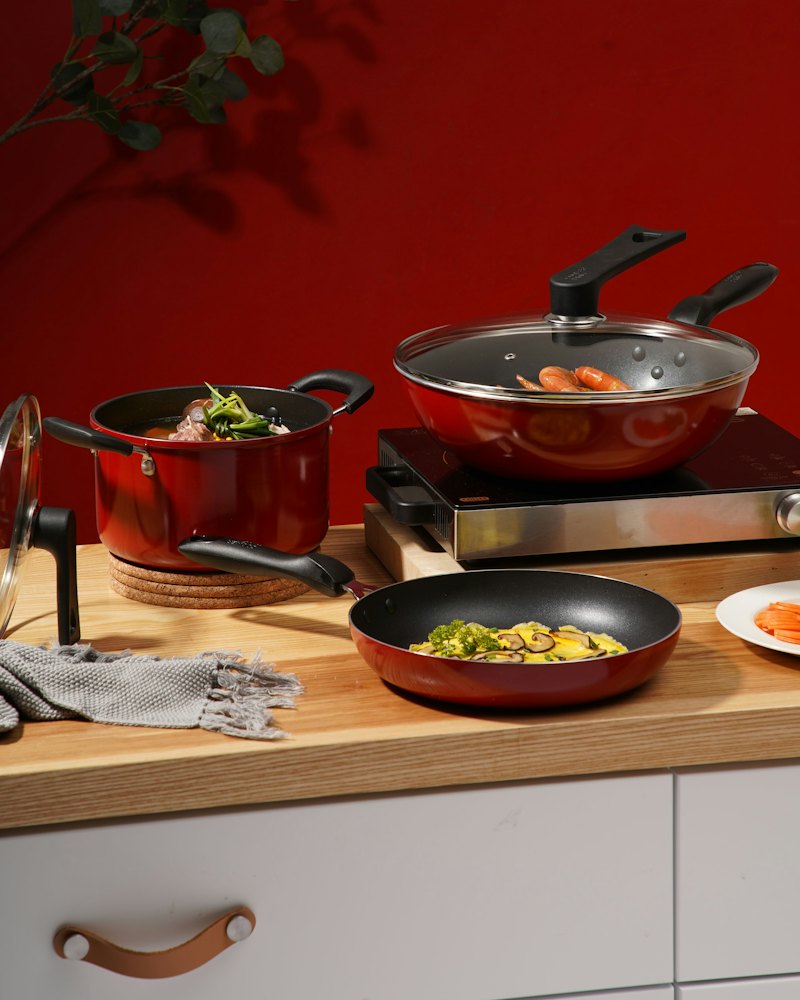 Red Non-Stick Cookware Set, Three Pieces