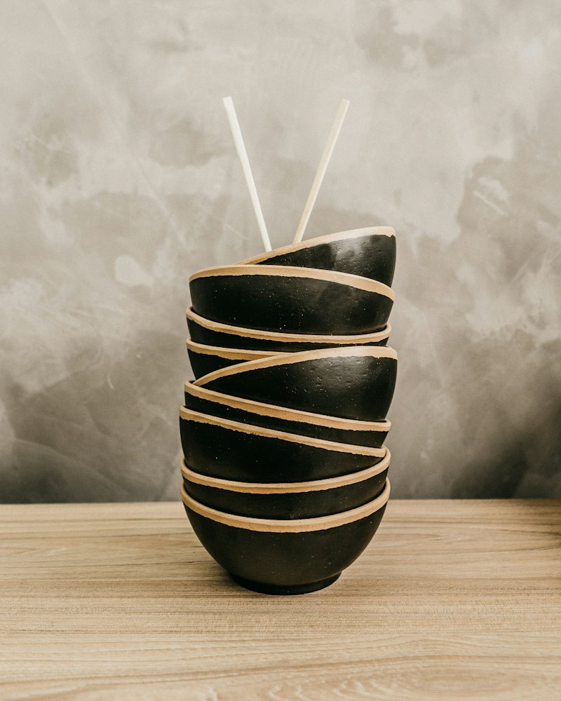 Black Stoneware Bowls, Set of Six