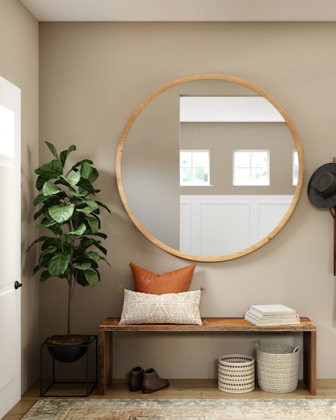 Round Wood-Framed Wall Mirror