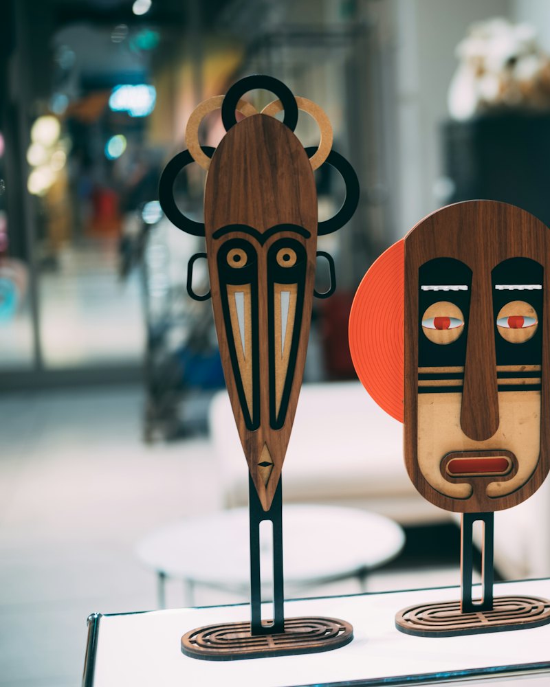 Stylised Wooden Face Sculptures, Set of Two