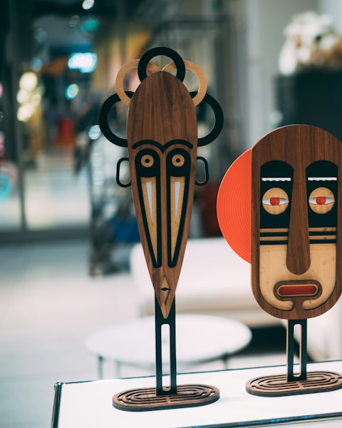 Stylised Wooden Face Sculptures, Set of Two