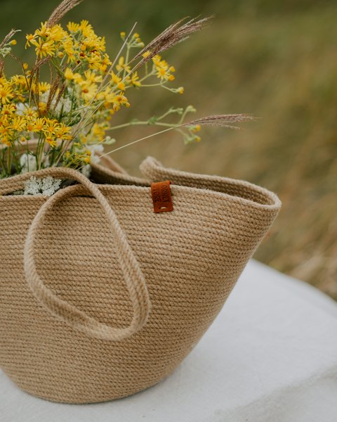 Woven Jute Market Tote with Leather Tab