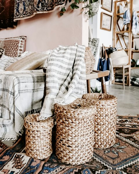 Lidded Woven Storage Baskets, Set of Three
